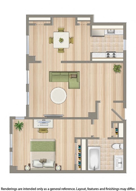 Floor plan for 1 bed, 1 bath, 690 sqft